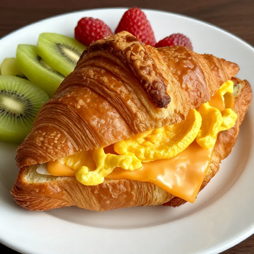 Plated breakfast croissant sandwich with eggs and cheese