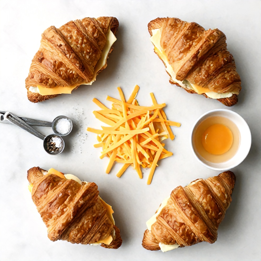 Raw ingredients for easy breakfast croissant sandwiches