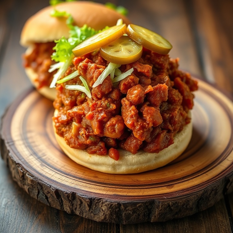 Sloppy joes on a rustic wooden plate. Garnished with shredded lettuce and pickles. Warm lighting highlights juicy texture.