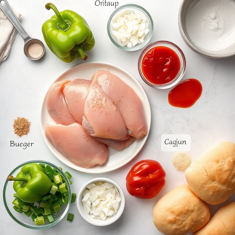 Raw chicken, bell peppers, onions, Cajun seasoning, ketchup, and buns arranged in a clean flat lay. Measuring tools and bowls visible.