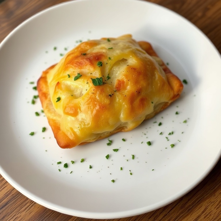 Perfectly plated cheese and onion pasty with a sprinkle of parsley on a white ceramic plate, warm side lighting highlighting the crispy texture.