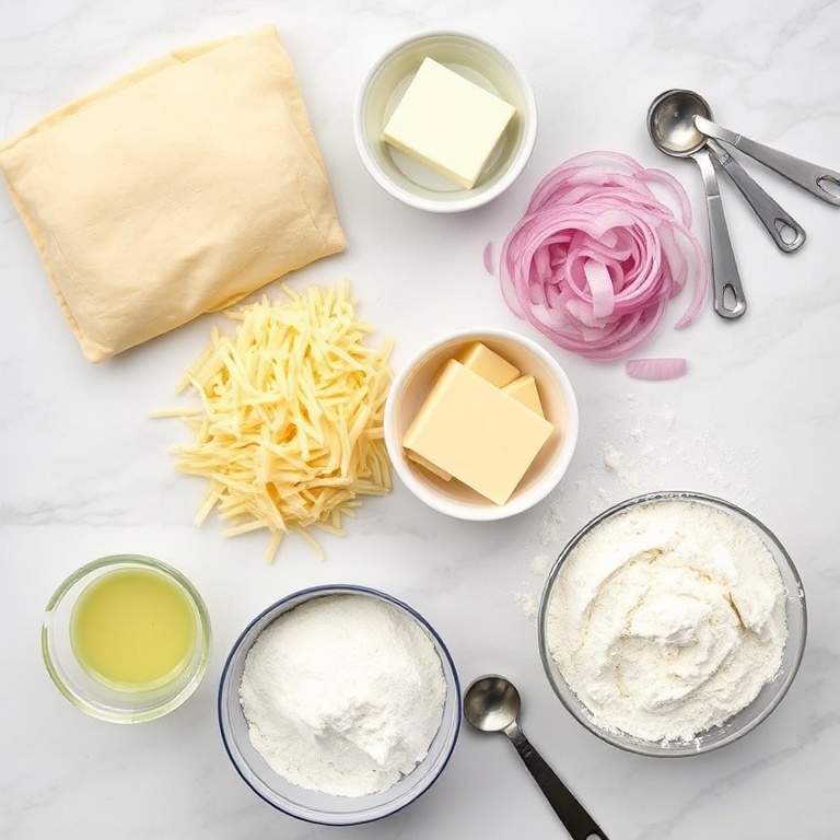 Overhead flat lay of raw ingredients: puff pastry, shredded cheddar, sliced onions, butter, and flour. Measuring spoons and bowls nearby on a white marble surface.