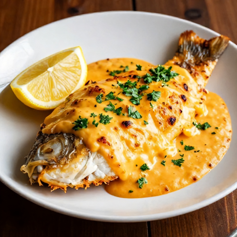 Cheesy Baked Halibut with lemon wedge