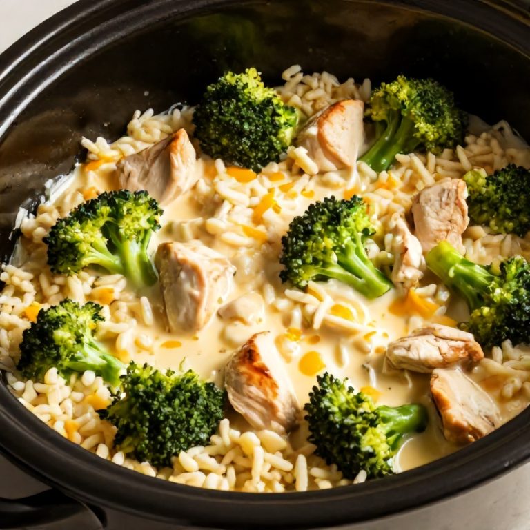 easy cheesy broccoli chicken and rice crockpot