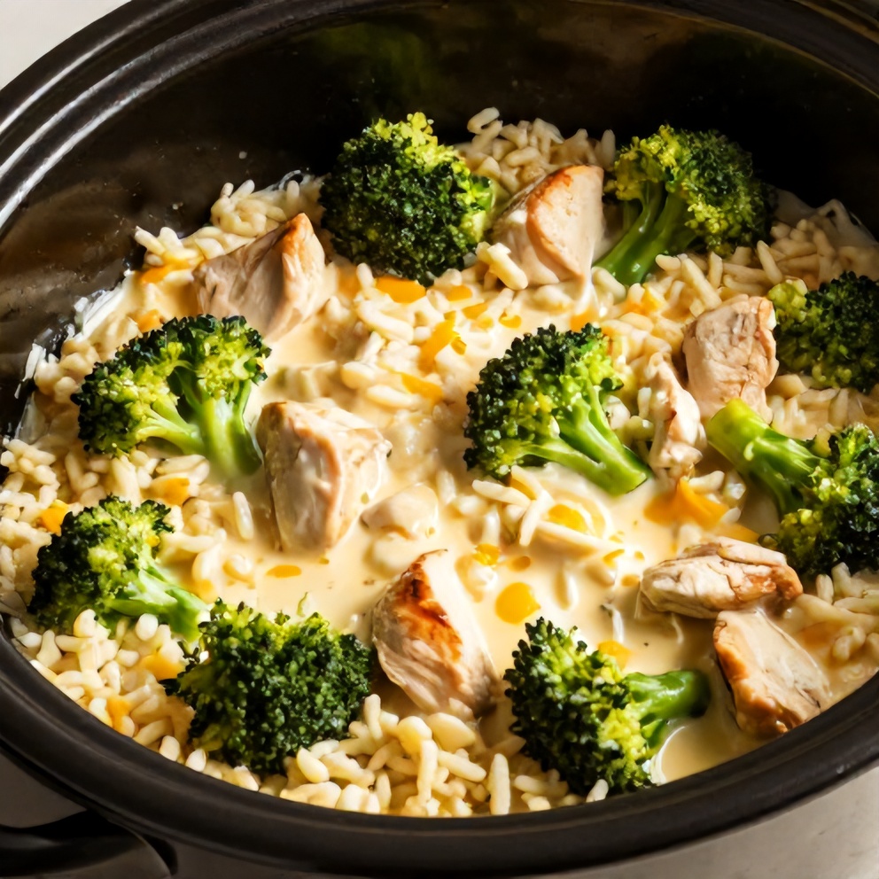easy cheesy broccoli chicken and rice crockpot