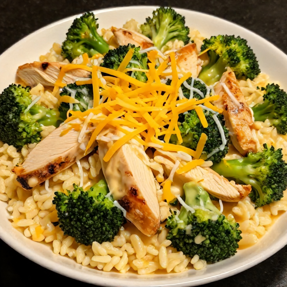 Plated cheesy broccoli chicken and rice crockpot dinner