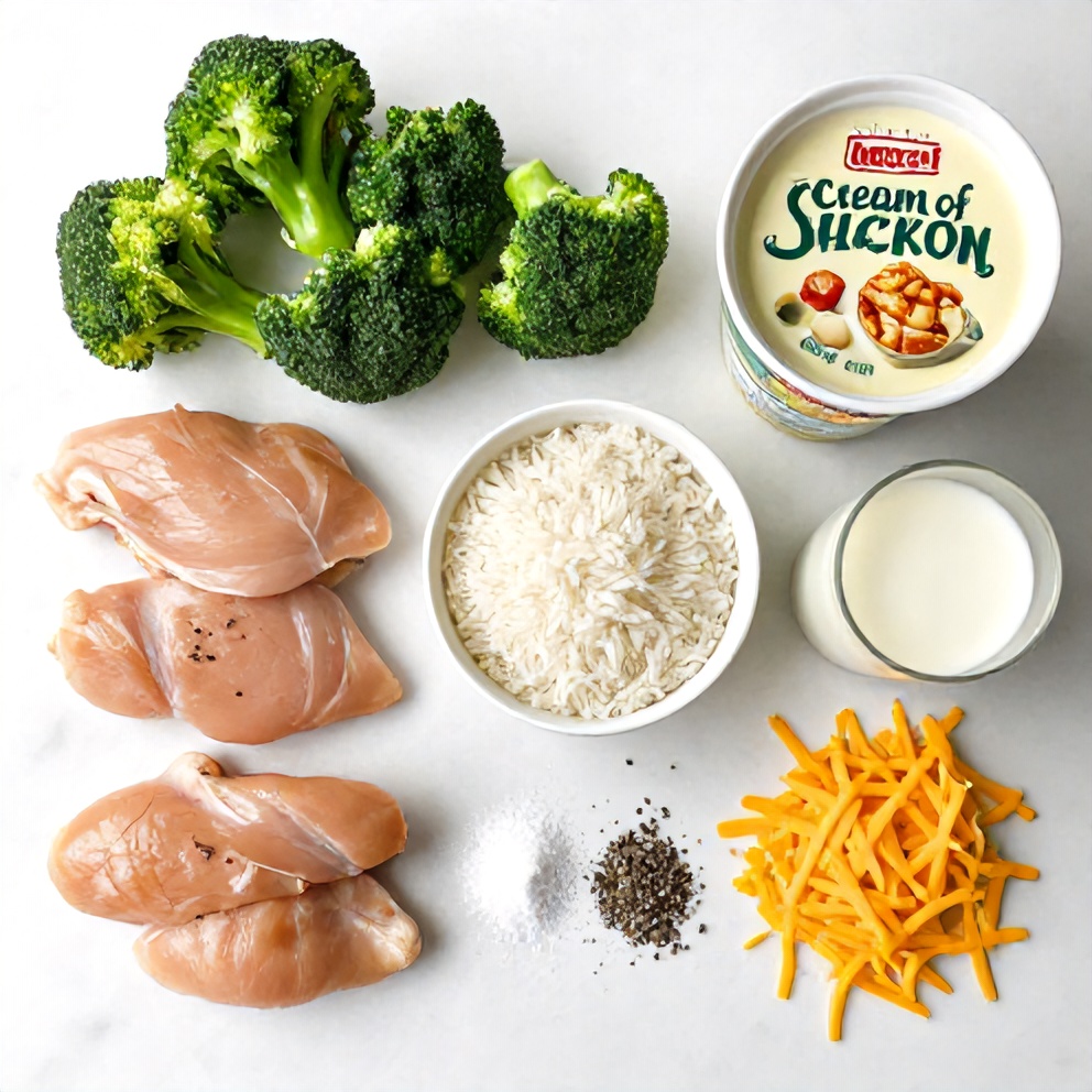 Ingredients for cheesy broccoli chicken and rice crockpot dinner