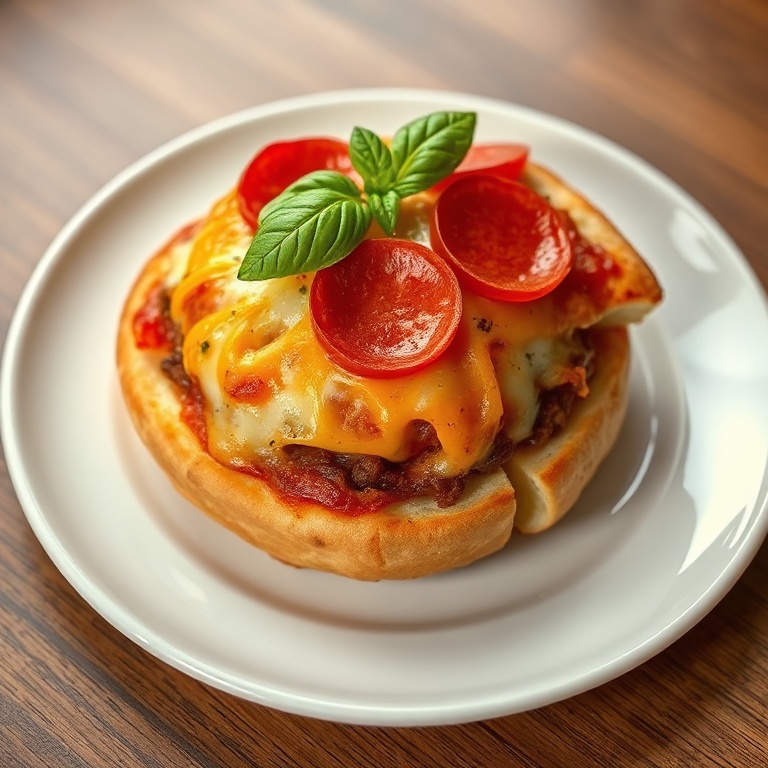 Perfectly plated cheesy pepperoni pizza bomb. Garnished with fresh basil. White ceramic plate. Warm lighting showing crispy edges. No text.
