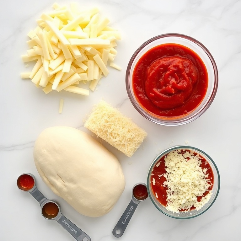 Raw ingredients for cheesy pepperoni pizza bombs. Mozzarella, pepperoni, pizza dough, tomato sauce, and parmesan. Measuring spoons and bowls visible. White marble surface. Bright even light.