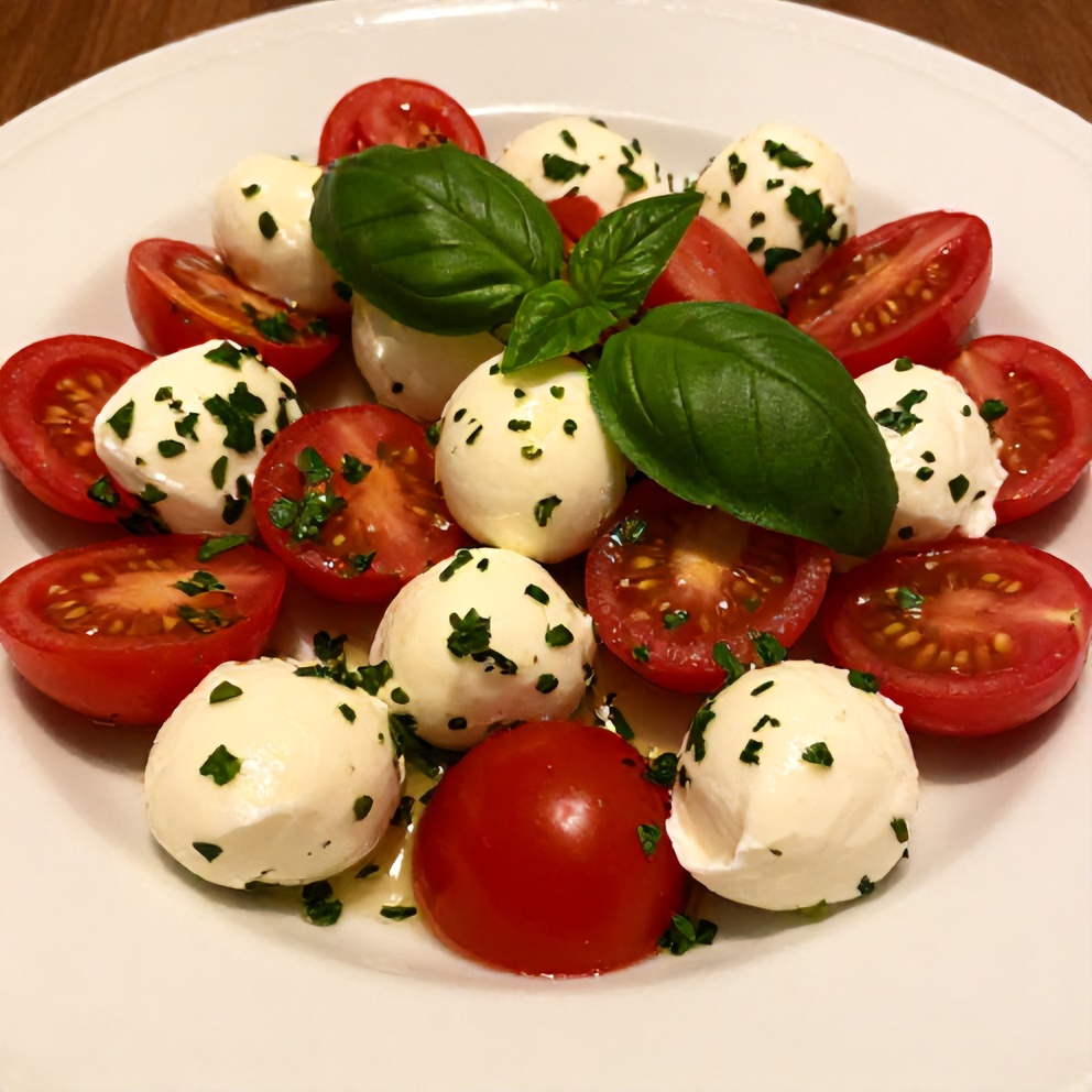 Plated Easy Cherry Tomato Salad with Mozzarella and Fresh Herbs