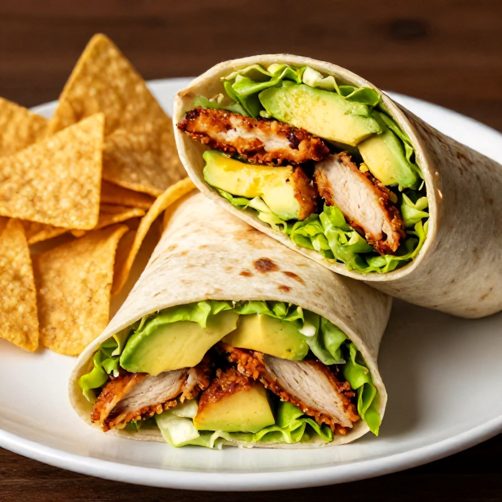 Chicken Avocado Wrap on a plate with a side of chips