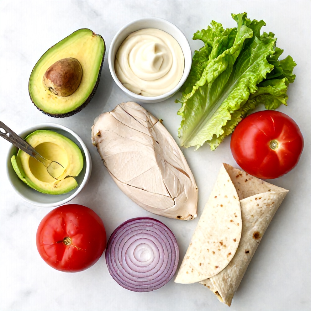 Raw ingredients for Chicken Avocado Wrap