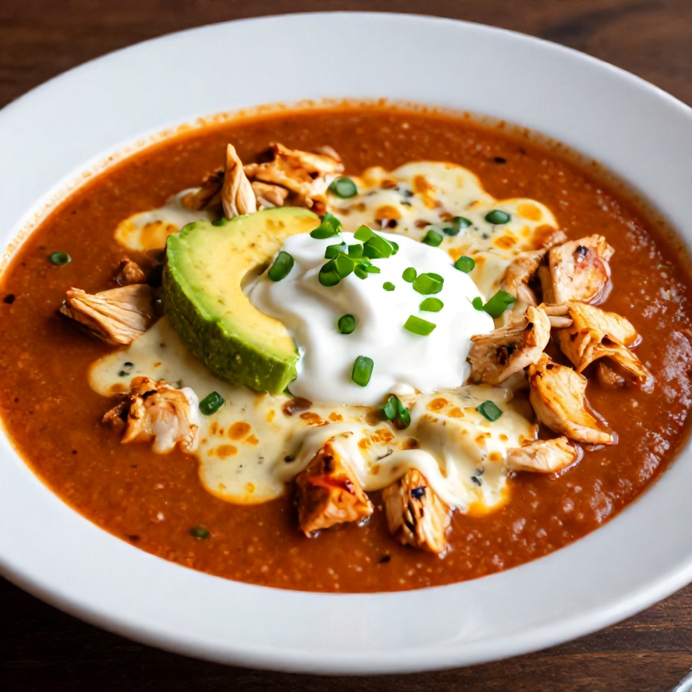 Bowl of Chicken Enchilada Soup with avocado and sour cream