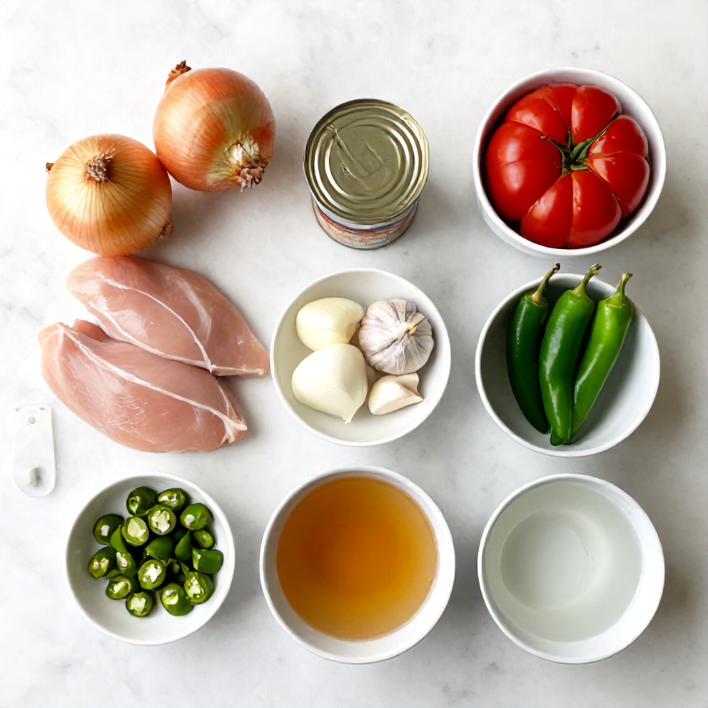 Raw ingredients for Chicken Enchilada Soup: chicken, canned tomatoes, green chiles, onion, garlic