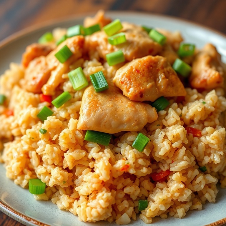 Perfectly plated chicken fried rice with brown rice and veggies. Garnished with green onions. Close crop showing texture and color. Warm lighting.