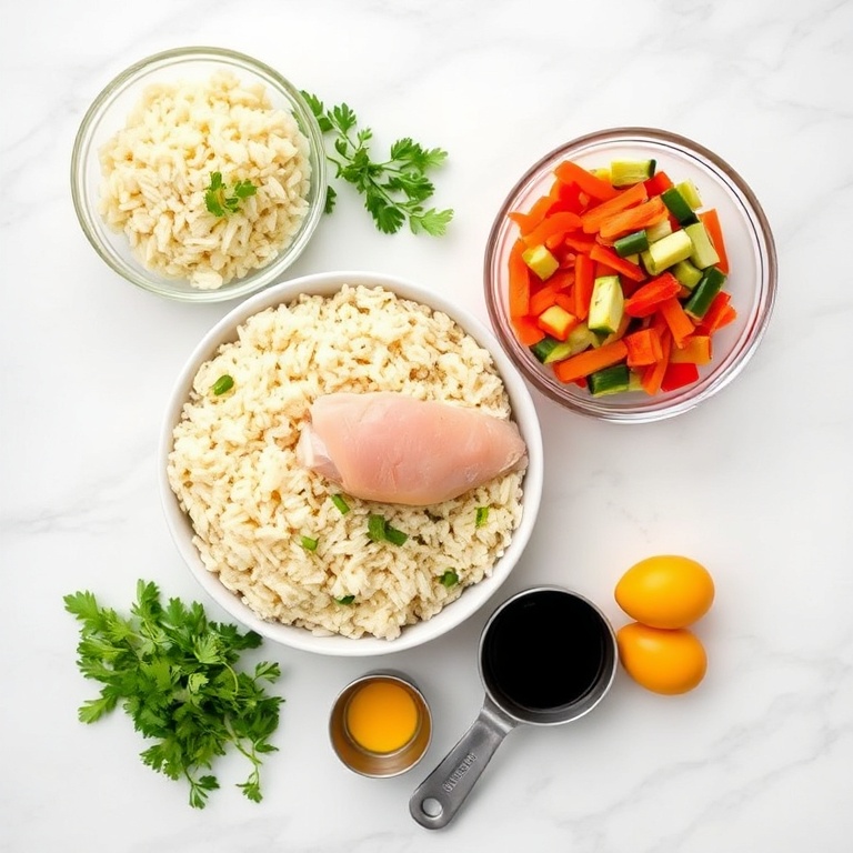 Raw ingredients for chicken fried rice: brown rice, chicken breast, mixed vegetables, soy sauce, eggs. Measuring spoons and bowls on a white marble surface. Bright even light.