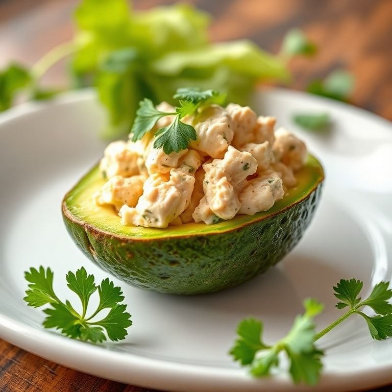 One serving of chicken salad stuffed avocado, garnished with fresh parsley on a white salad plate. Creamy texture, avocado halves packed. Warm side light shows details.