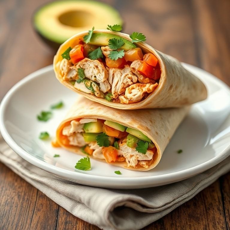 A single chicken wrap cut in half, garnished with chopped cilantro on a white plate, showing juicy chicken, creamy avocado, and vibrant salsa. Close crop with warm light.