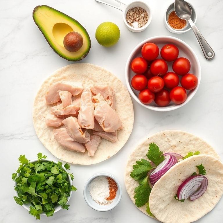 Overhead photo of ingredients for easy chicken wraps: cooked chicken breast, ripe avocado, flour tortillas, cherry tomatoes, red onion, lime, and cilantro arranged with small bowls and measuring spoons on a marble surface.