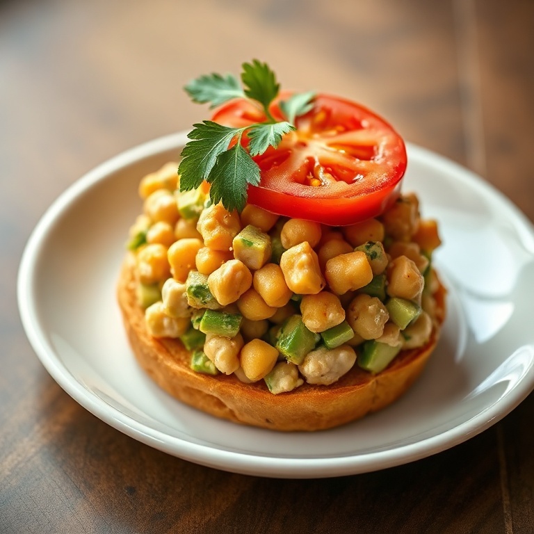 A perfectly plated chickpea salad sandwich with avocado, topped with a slice of tomato and a sprig of cilantro. Warm side lighting highlights the creamy texture and fresh garnish.