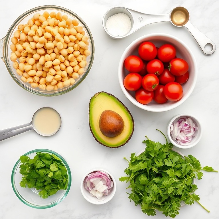 Raw ingredients for chickpea salad sandwich: canned chickpeas, ripe avocado, cherry tomatoes, red onion, and fresh cilantro arranged in a flat lay with measuring tools and bowls.