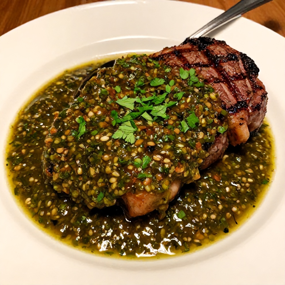 Plated steak with chimichurri sauce and garnish of parsley