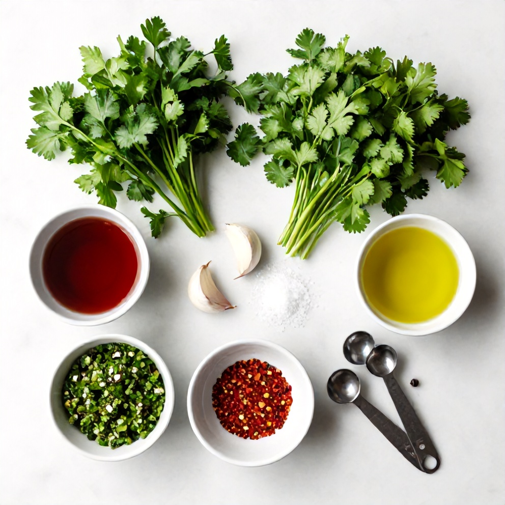 Chimichurri sauce ingredients: parsley, cilantro, garlic, vinegar, red pepper flakes