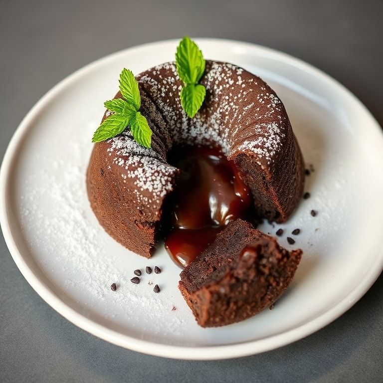 Single molten chocolate lava cake plated with fresh mint, deep chocolate center melting out, close-cropped on a white dessert plate, warm lighting emphasizes texture.