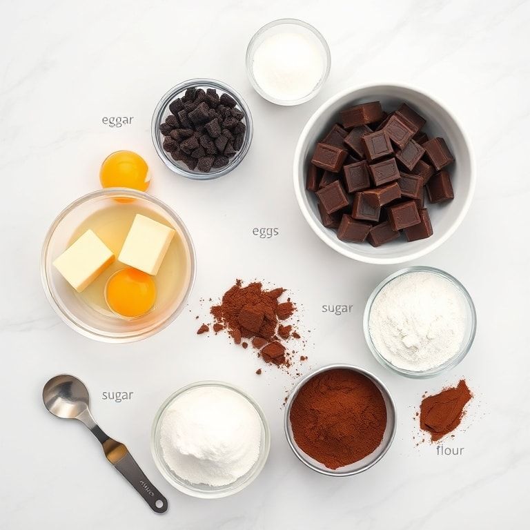 Overhead shot of eggs, chocolate, butter, sugar, flour, and cocoa powder with prep bowls and measuring spoons on white marble surface.