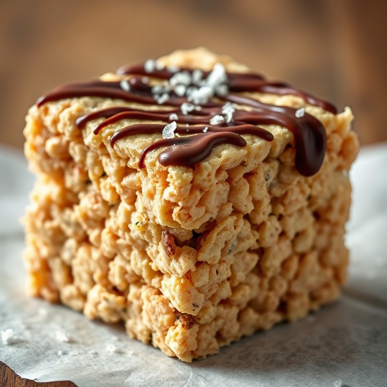 Perfectly cut chocolate peanut butter rice krispie treat. Topped with a drizzle of chocolate and a sprinkle of salt.