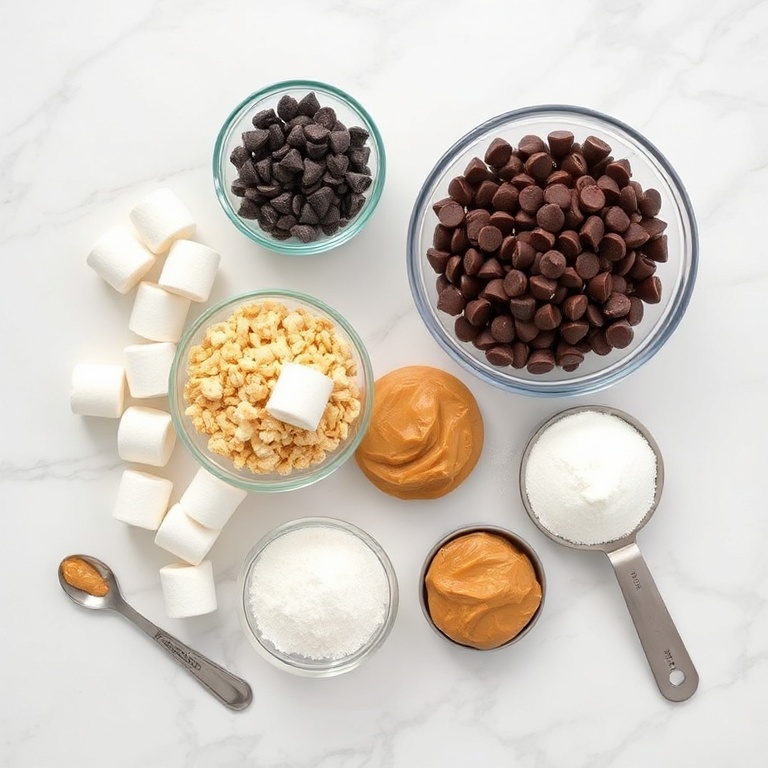 Raw ingredients for chocolate peanut butter rice krispie treats. Marshmallows, chocolate chips, peanut butter, rice krispies, and sugar.