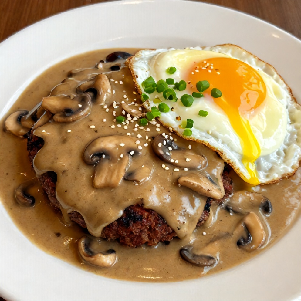 Plated Hawaiian Loco Moco with mushroom gravy