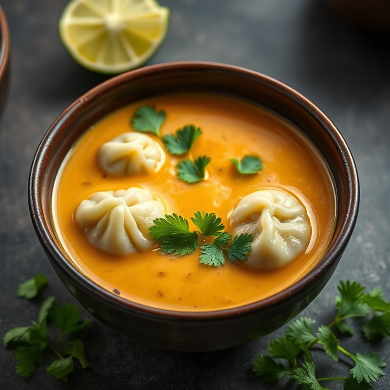 A single bowl of coconut curry soup with vegan dumplings. Garnished with cilantro and lime. Dark ceramic bowl. Warm side lighting highlighting the soup's texture.