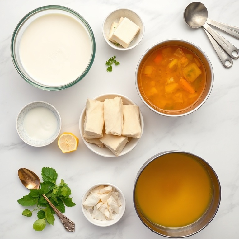 Overhead flat lay of coconut milk, yellow curry paste, tofu, vegetable broth, and dumpling wrappers. Measuring spoons and bowls nearby. White marble surface. Bright even light.