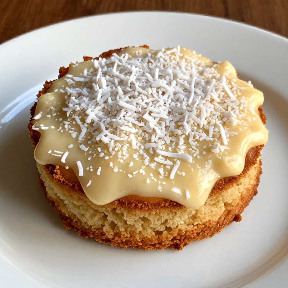 Easy Coconut Milk Snack Cake with coconut flakes on a white plate