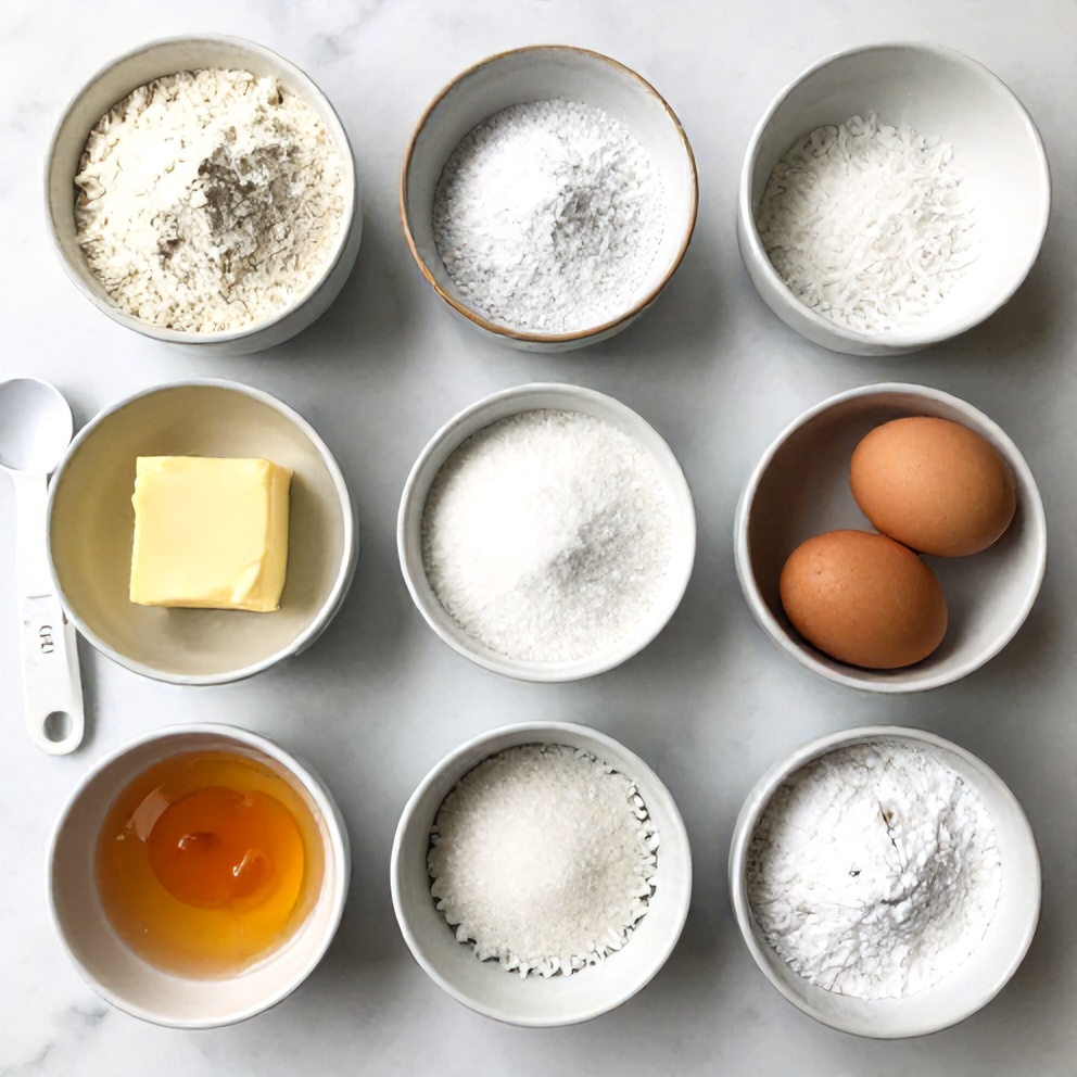 Ingredients for Easy Coconut Milk Snack Cake on a marble surface