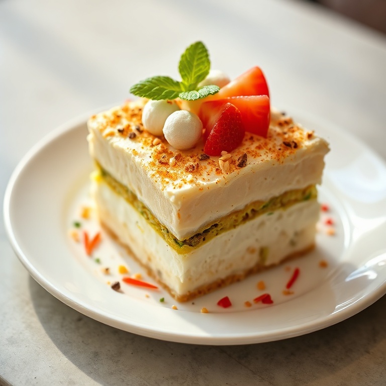 A plate of coconut tiramisu with raffaello on top. The garnish is fresh and colorful. Warm light highlights the texture.