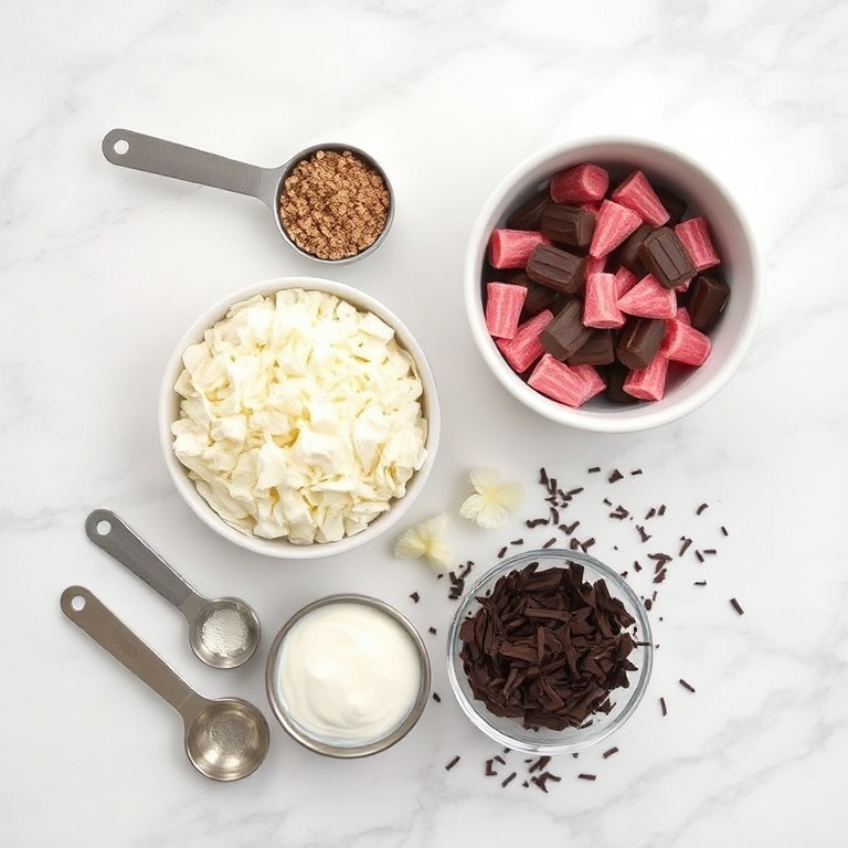 Raw ingredients for coconut tiramisu: coconut flakes, raffaello candies, ladyfingers, condensed milk, and chocolate shavings. Measuring spoons and bowls are visible.