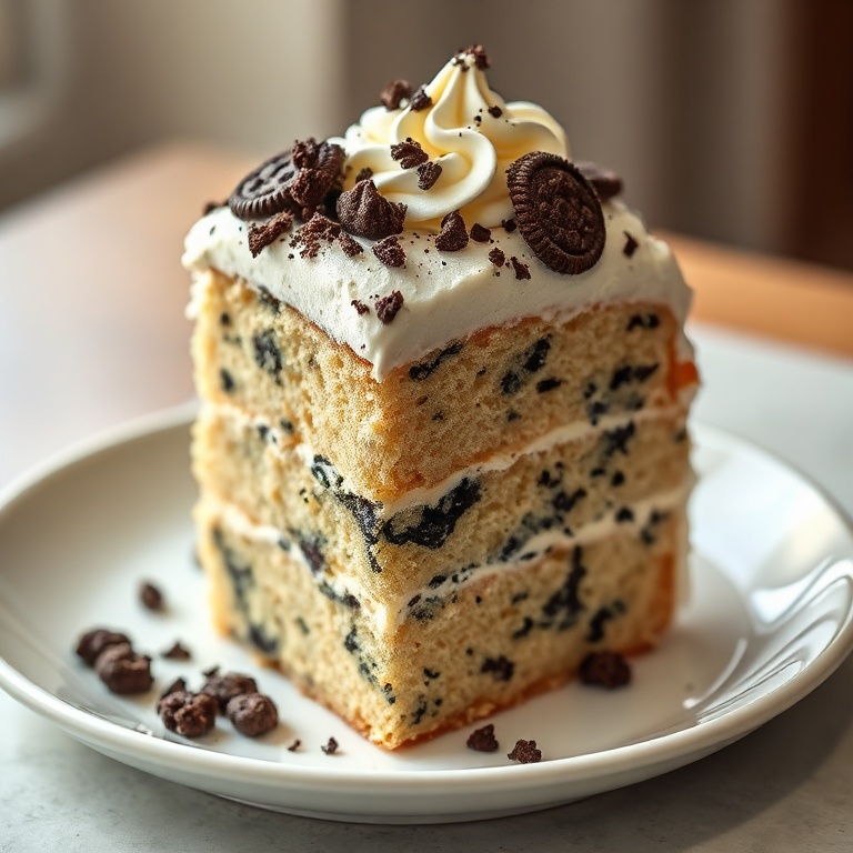 Perfectly plated slice of cookies and cream cake with a dollop of whipped cream and crushed cookies on a white dessert plate.