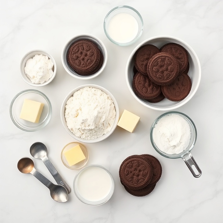 Overhead view of main cookies and cream cake ingredients including chocolate sandwich cookies, flour, eggs, butter, sugar, and milk in clear bowls.