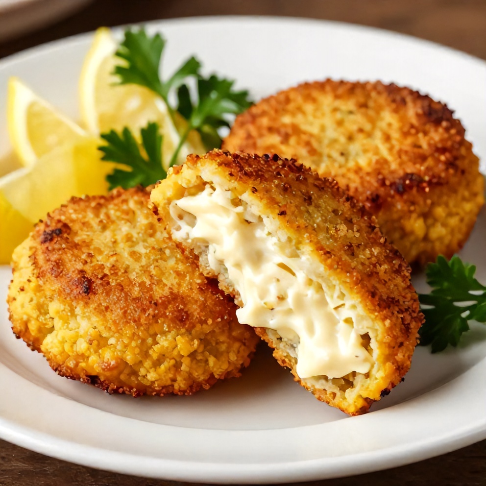 Plated cornbread stuffing crab cakes with lemon wedges