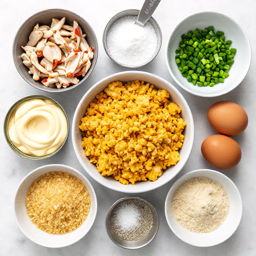 Raw ingredients for cornbread stuffing crab cakes on a marble surface