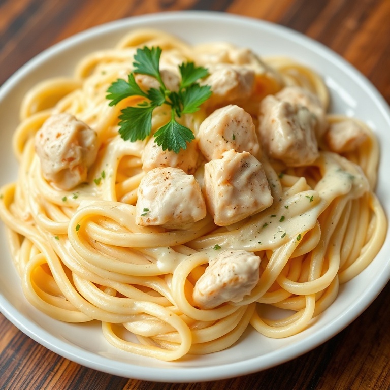 A perfectly plated creamy Alfredo pasta with chicken, garnished with fresh parsley. The dish fills 90% of the frame with warm side lighting showing the texture of the sauce and noodles.