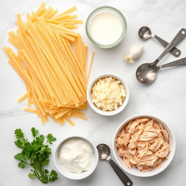 Raw ingredients for creamy alfredo pasta arranged in an overhead flat lay. Fresh fettuccine, heavy cream, garlic, Parmesan cheese, and shredded chicken visible. Measuring spoons and bowls nearby on a white marble surface.