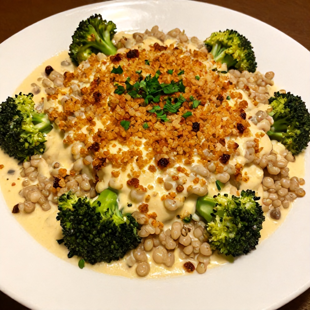 Perfectly plated Creamy Broccoli Quinoa Bake with a sprinkle of fresh parsley