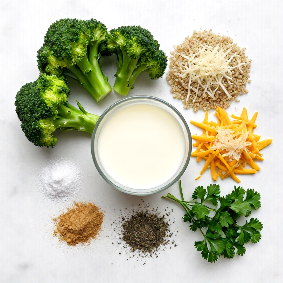Broccoli, quinoa, milk, cheese, and seasonings laid out for the creamy bake