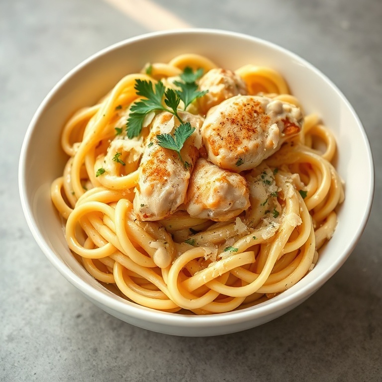 A white shallow pasta bowl filled with creamy garlic parmesan chicken pasta, topped with chopped parsley and extra parmesan shavings.
