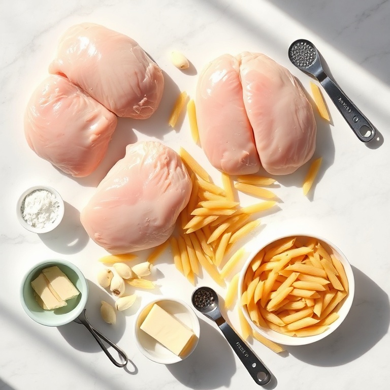 Overhead shot of raw chicken breasts, dry pasta, fresh garlic cloves, parmesan cheese wedge, and heavy cream arranged with bowls and measuring spoons.