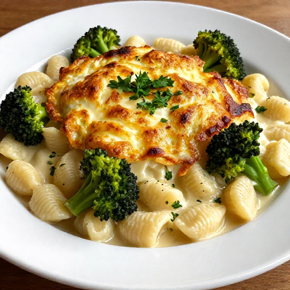 A plated serving of creamy Gnocchi and Broccoli Bake with a sprinkle of fresh parsley