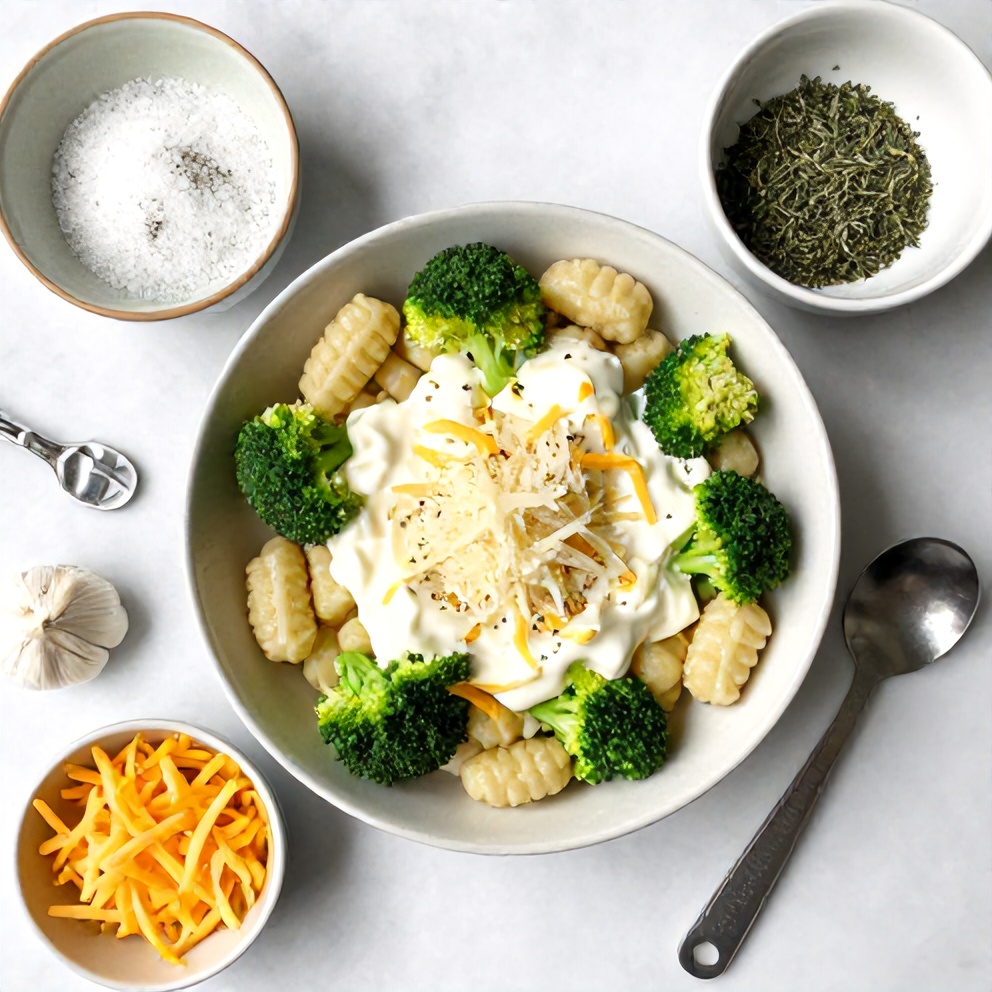 Gnocchi, broccoli, cheese, garlic, and heavy cream arranged in a flat lay